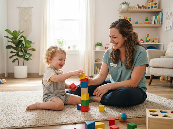 Warm and authentic pediatric therapy session, friendly therapist smiling with toddler playing with colorful blocks.png